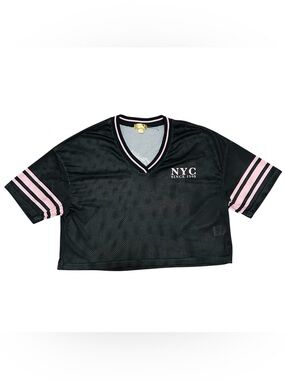 Women’s NYC Mesh V-Neck Cropped Jersey Top in Black with Pink Trim Size XS